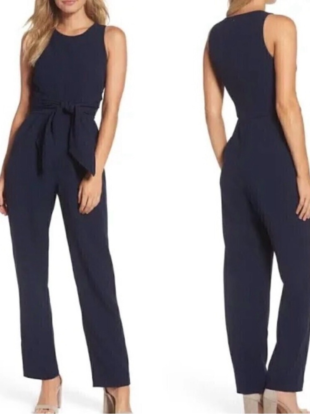 Eliza J Sleeveless Crepe Jumpsuit Navy Blue Size 16 Tie Front